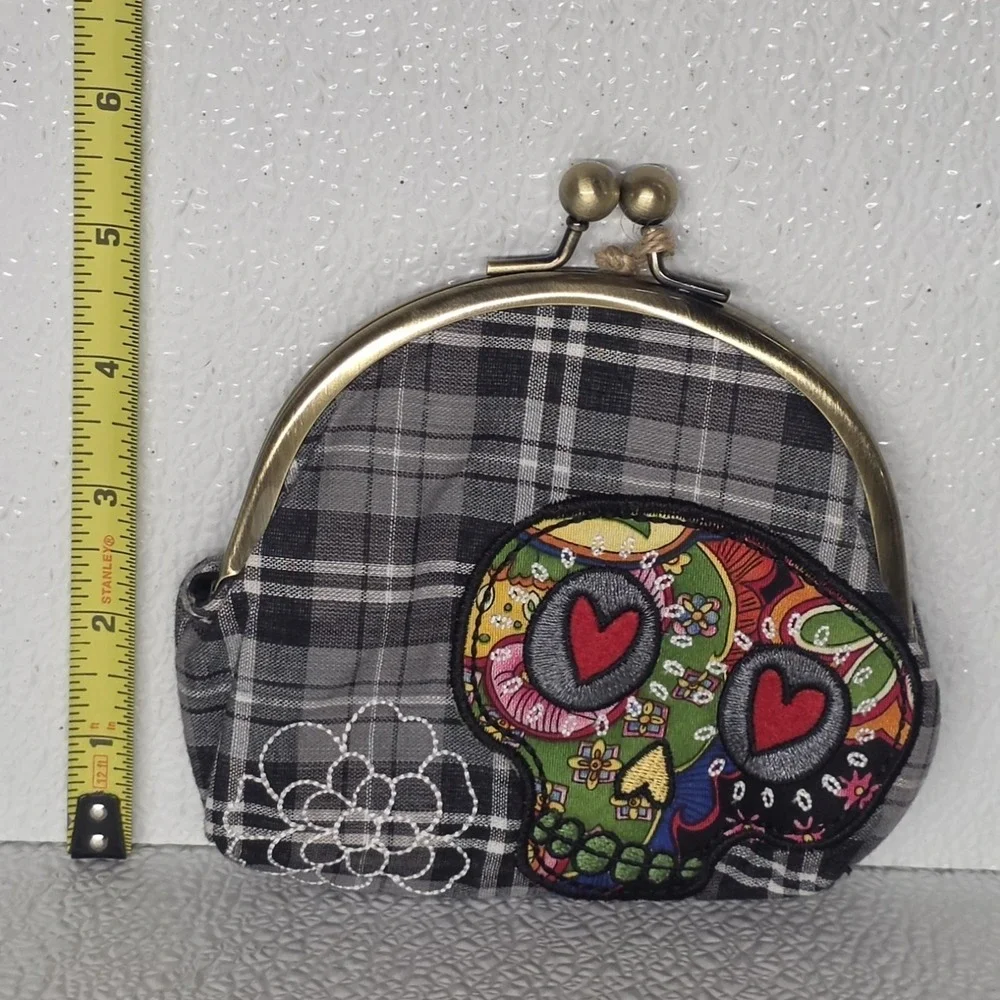 Karma Black Plaid Multicolor Embroidered Sugar Skull Clasp Purse Clutch NWT